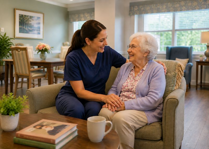 Caring staff with resident at The Waters of Wabash East